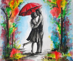 In this piece a couple stops for a quick smooch under the protection of an umbrella. This piece represents Artwork of Love!!!