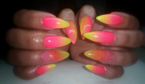 Stiletto nail design yellow and pink nail design
