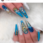 Long Coffin shaped Turquoise and Gold glitter nail art