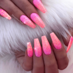 Coffin Shaped Pink Glitter Ombre Nails