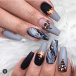 Black and Gray nails with gold foil design