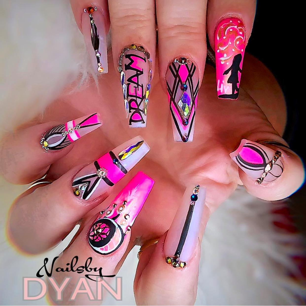 Hot Dream Pink and black nail design