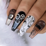 Coffin shaped Black and white abstract nail art