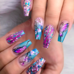 Pink flowers and purple butterfly Coffin shaped nail design