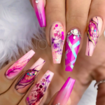 Pink and beige Princess cut crisscross nail design