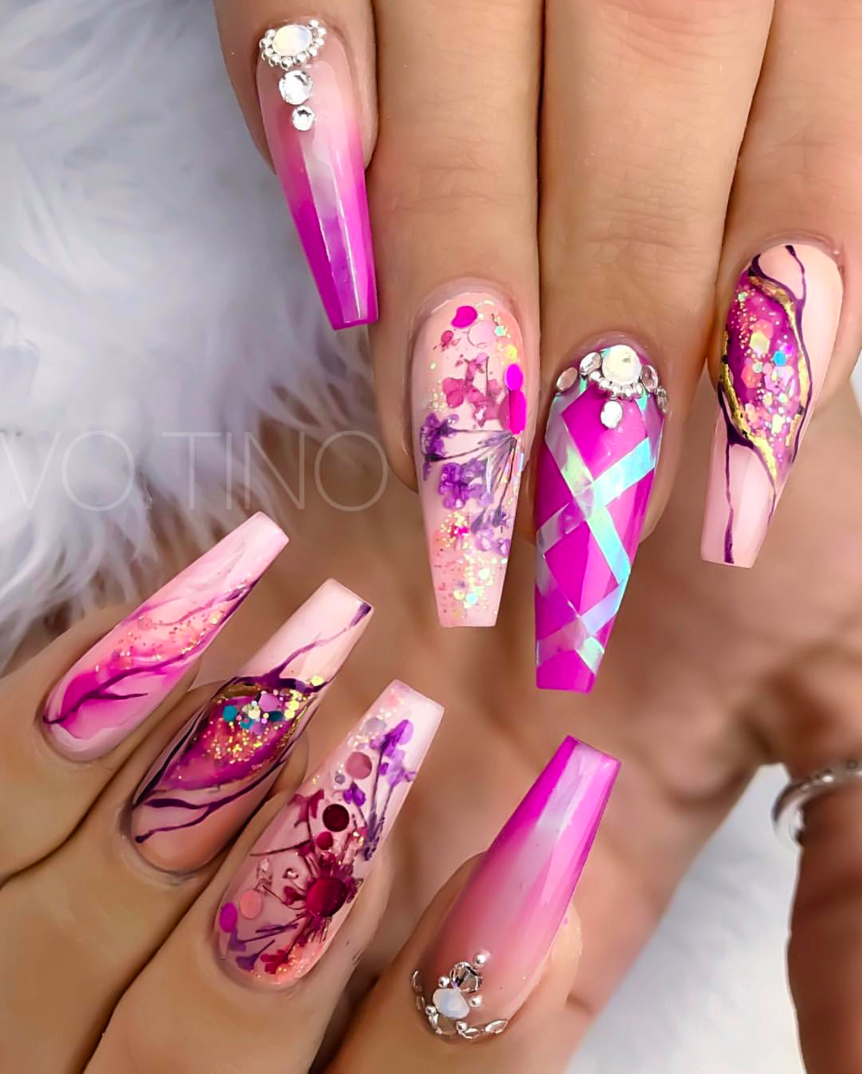 Pink and beige Princess cut crisscross nail design