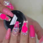 HOT PINK nails 3d encapsulated flower