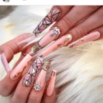 Long Princess Cut Nails art Beige and Gold