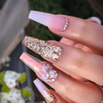 White and gold Coffin shaped nail design