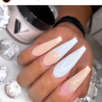 Princess cut nails design in white and blush pink glitter