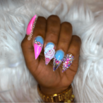 Pink and blue 3d flower stiletto nails