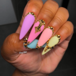 Matte Color Acrylic Stiletto gold rhinestone Nails