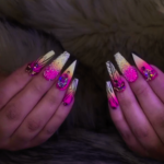 Fuschia Pink and Yellow tip diamond and ballerina shaped nails