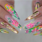 Colorful flower nail art coffin shaped nails