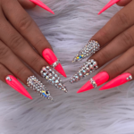 Neon Orange Acrylic Stiletto Crystal Nails
