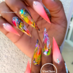 Abstract Stiletto Peach colored Nail design