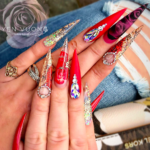 Red rose and gold glitter nails stiletto