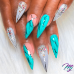Turquoise and gray Marble stiletto nails