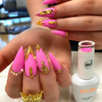 HOT Pink and Gold swarovski stiletto nails